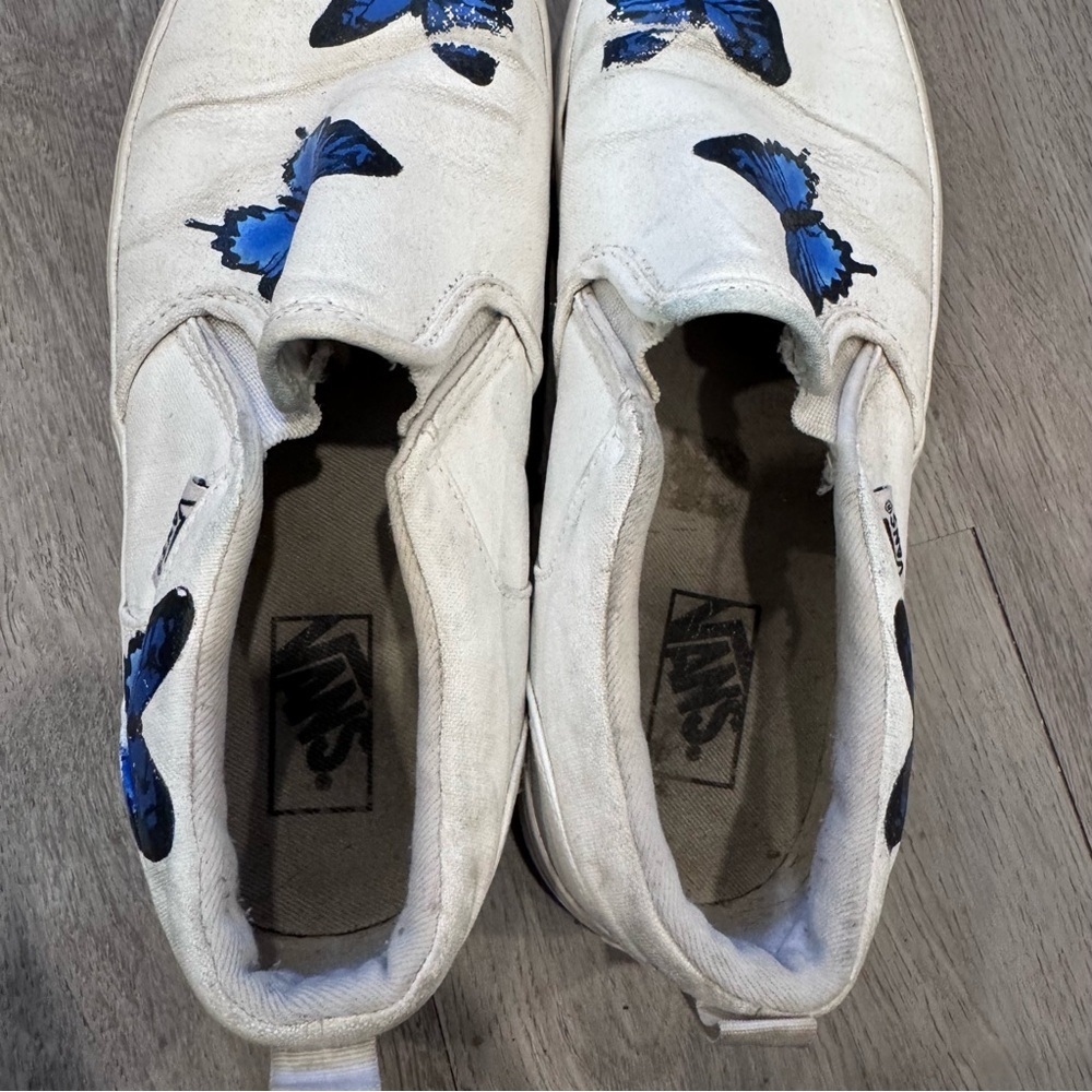 Blue Butterfly White Slip On Vans - Custom Painted Vans Shoes Youth Size 5 - Picture 6 of 9
